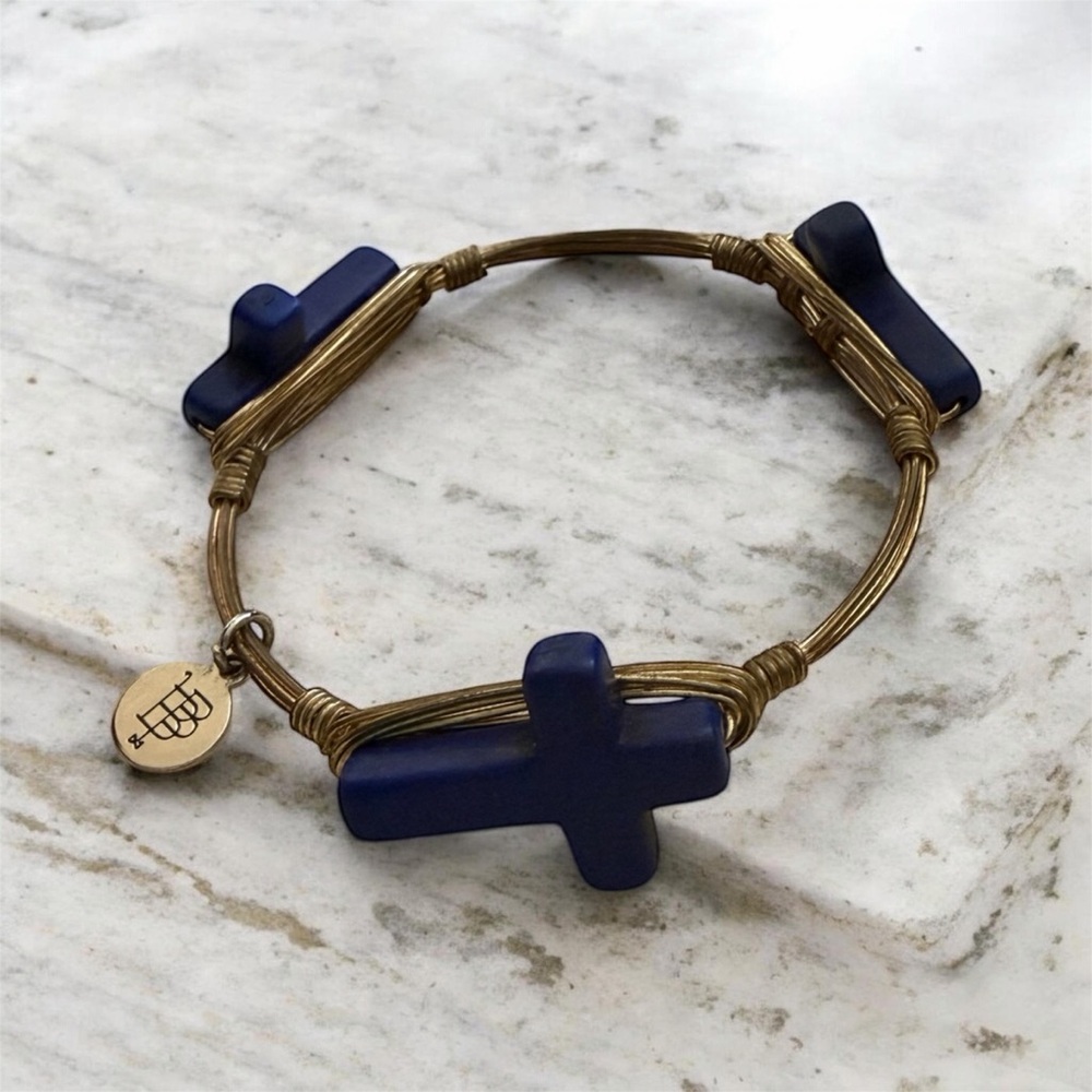 Bourbon and Bowties - Stackable Wire Bangle Bracelet with Navy Cross Charm